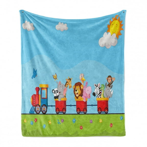 Cartoon Soft Flannel Fleece Throw Blanket, Cartoon Animal on Train with Birthday Background Sun and Cloud Lion Zebra, Cozy Plush for Indoor and Outdoor Use, 60" x 80", Multicolor, by Ambesonne