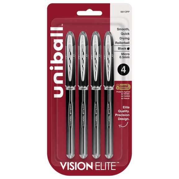 Uniball Vision Elite Rollerball Pens, Micro Point (0.5mm), Black Ink, 4 Count