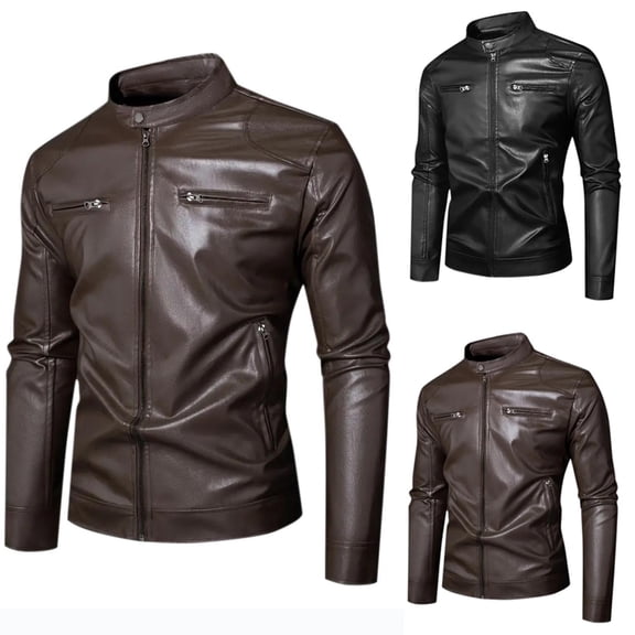 RongHuan Men Casual Motorcyle Jacket Vintage Slim Fit Faux Leather Jackets Full Zip Stand Collar Outwear Fall Winter Outerwear with Pockets