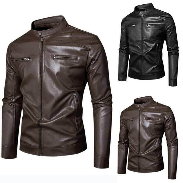 Lovzfmll Leather Jacket for Men, Solid Color Stand Collar, Zip Front Pockets, PU Motorcycle Jacket, Long Sleeve Fall Outerwear