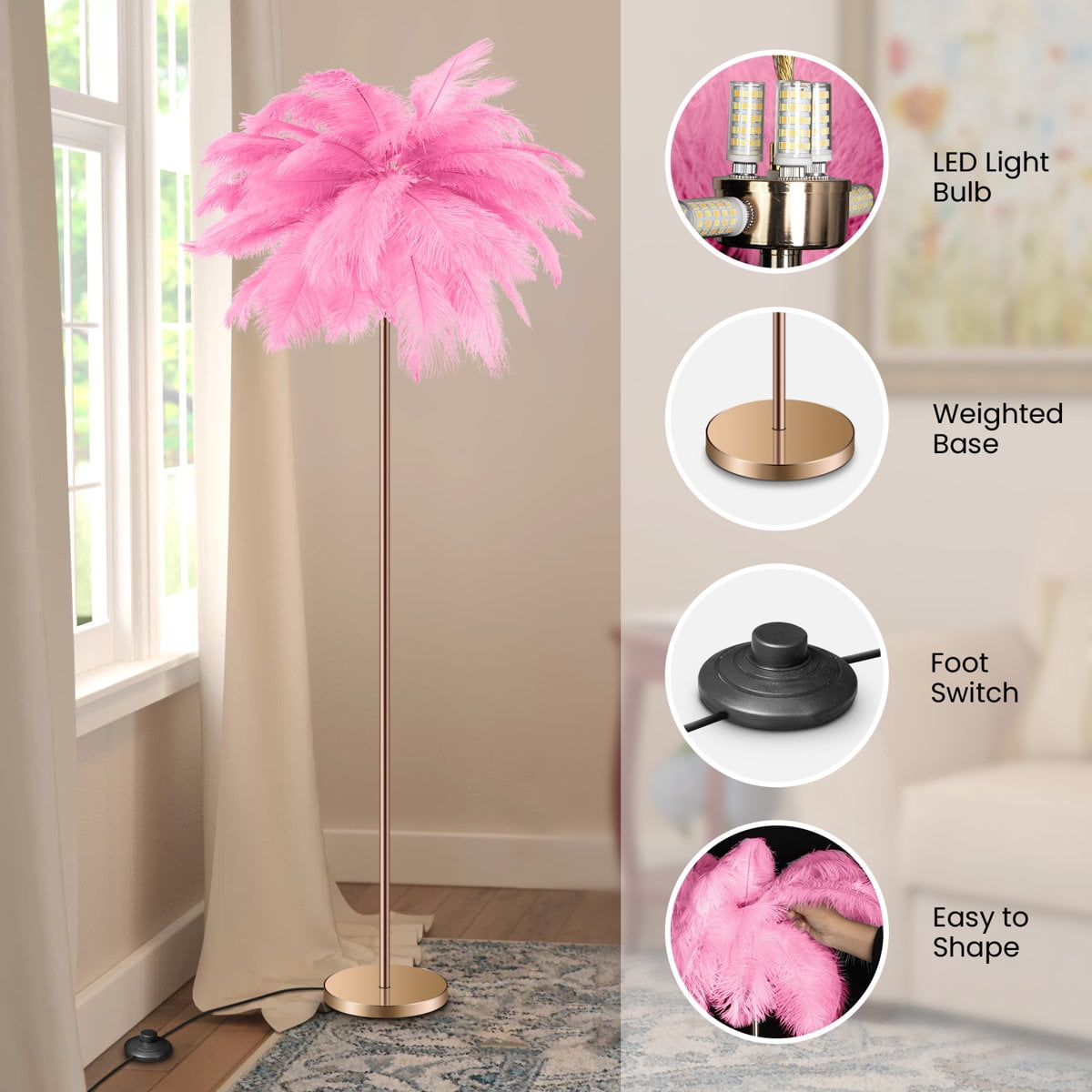Feather Floor Lamp for Living Room, Fluffy Ostrich Feathers Lamp, Rose Gold Color Body with 5 standard G4 Bulbs - Pink