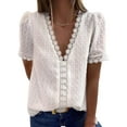 thumbnail image 3 of Qmyliery Women Loose Jacquard T-shirt, Adults Casual Solid Color Short Sleeve V-neck Lace Shirt, 3 of 9