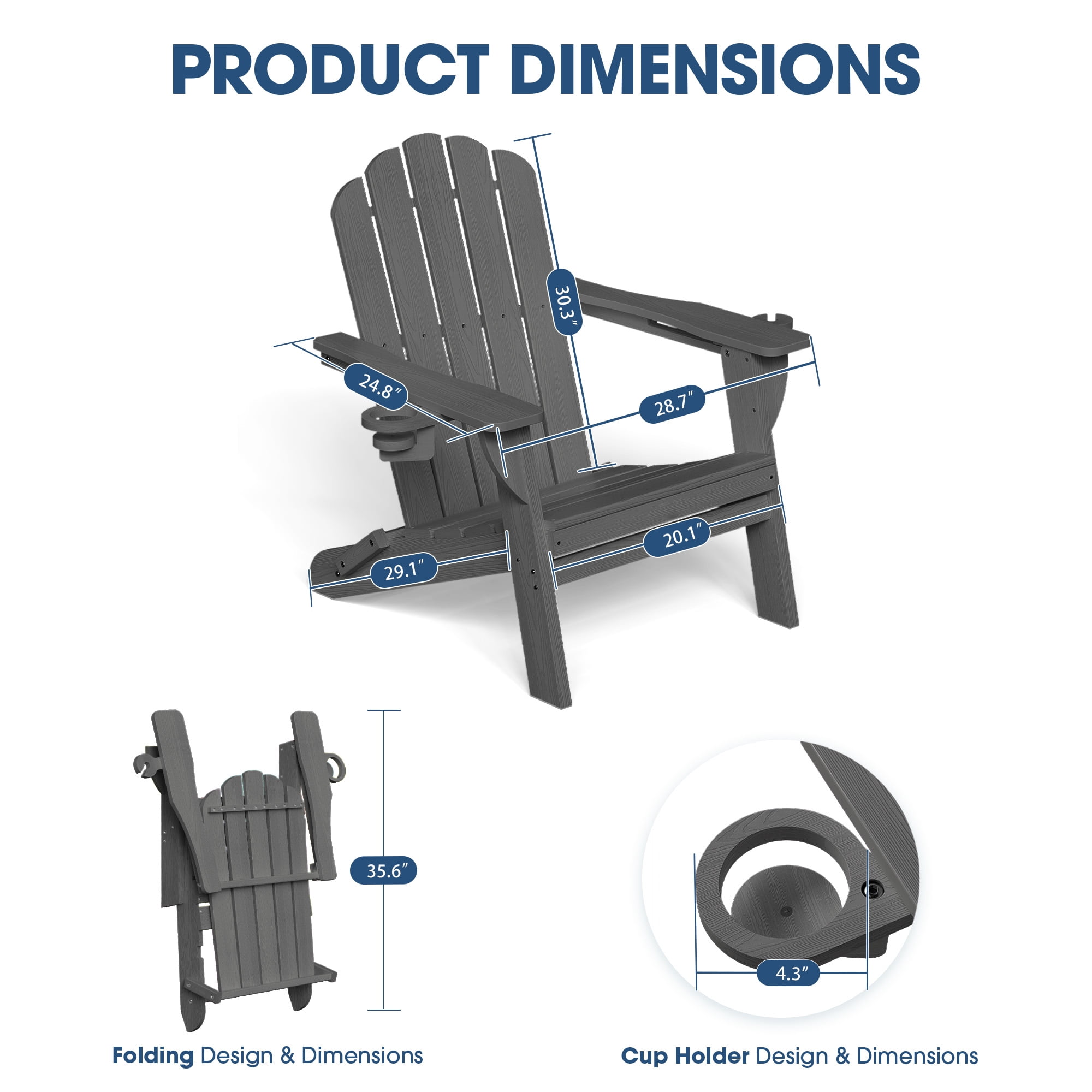 Folding Adirondack Chair, All-Weather HDPE Plastic Patio Fire Pit Chair, Gray