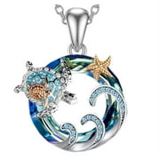 ROWENA J Sea Turtle with Starfish Crystal Stones Anti-Tarnish Round Pendant Jewelry - 113-C