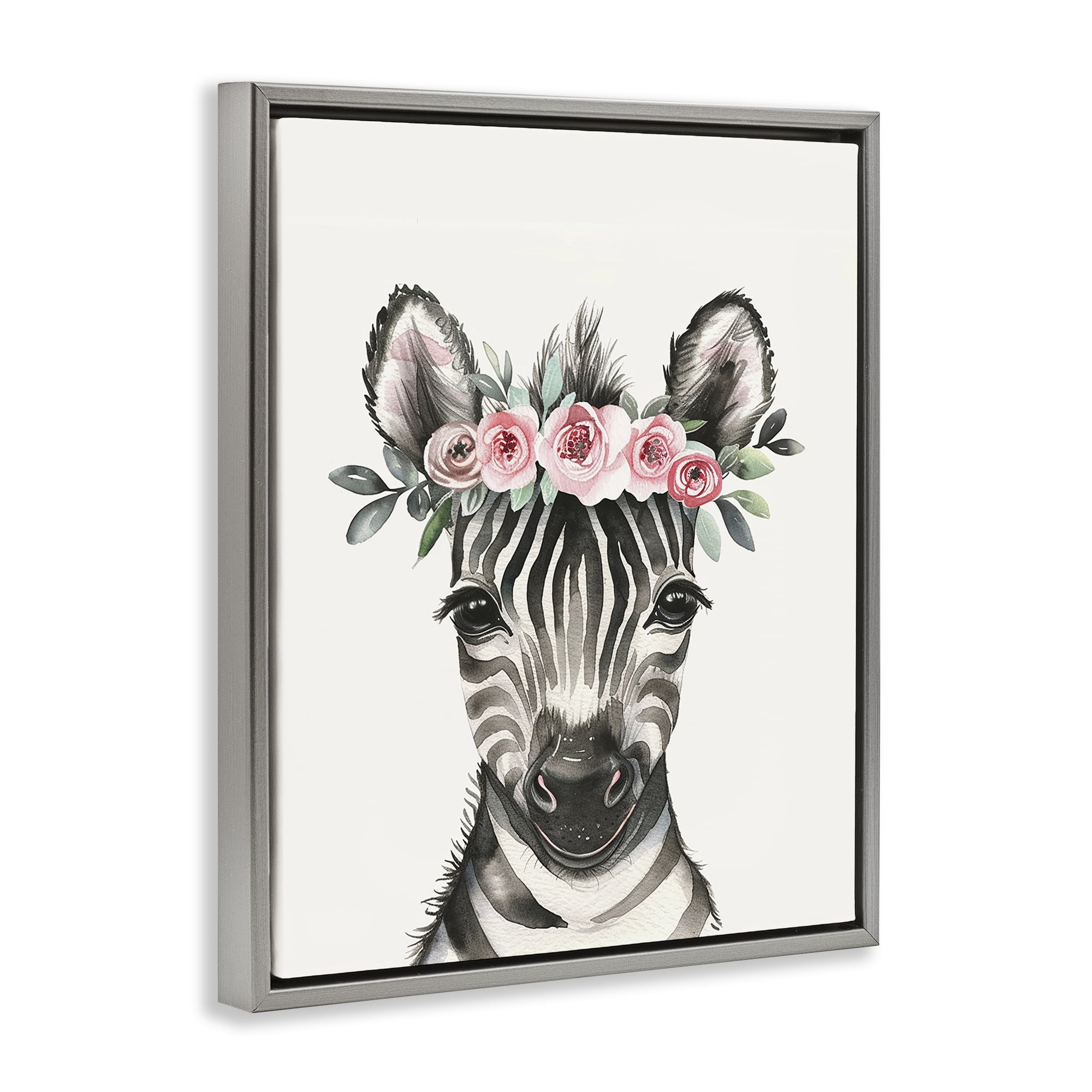 Stupell Industries Nursery Floral Zebra Animals Painting Gray Floater Framed Canvas Art Print Wall Art, 25 x 31