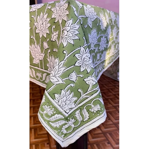 New Era Creation Sage Green & White Floral Indian Hand Block Printed Table Cover And Linen Set,Wedding Decor, Tablecloth Thanksgiving best Gift for Mom