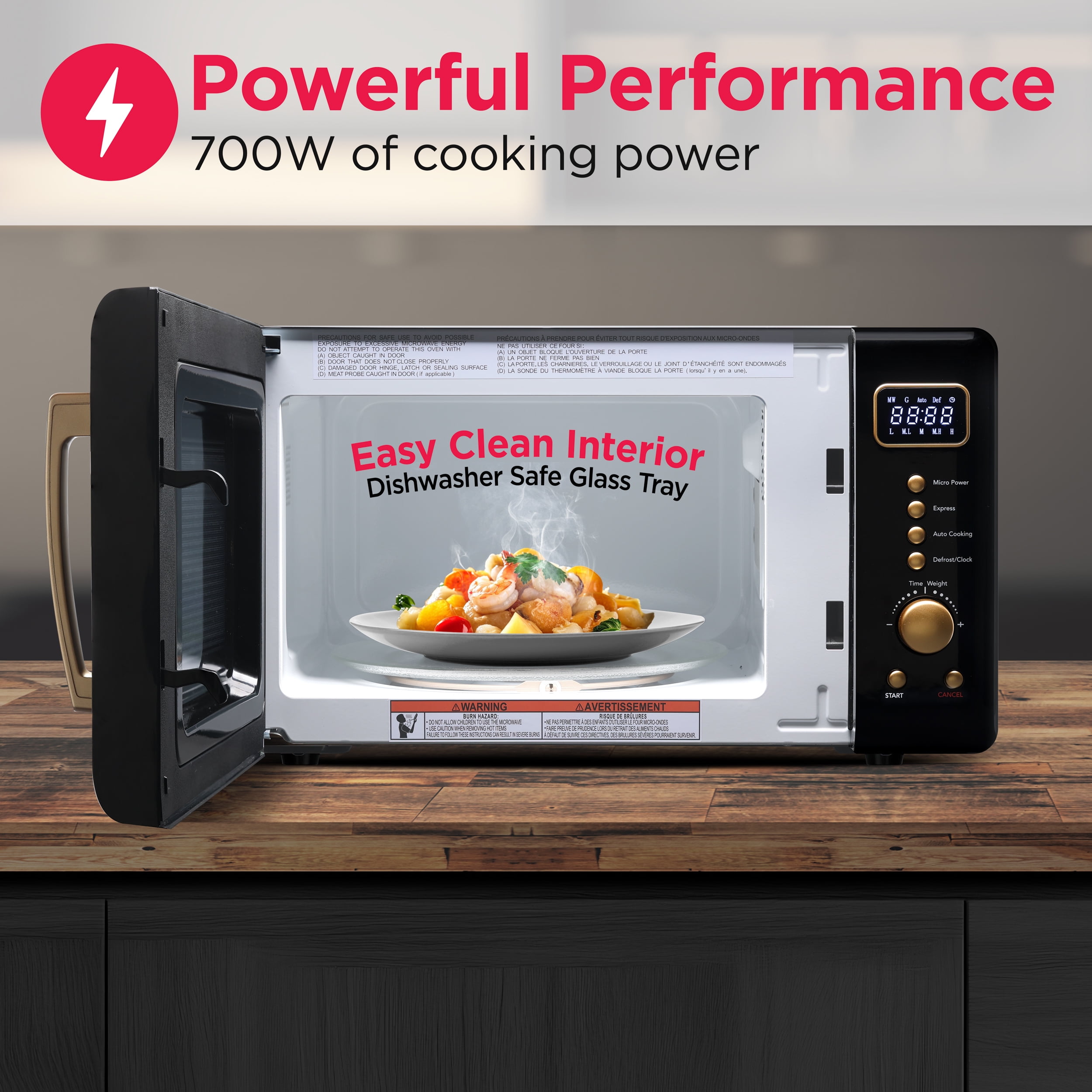 Frigidaire 0.7 Cu. Ft. 700 Watt Retro Countertop Microwave Oven, Black and Gold