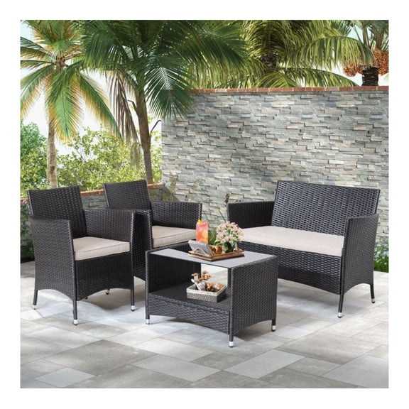 Patio Conversation Set 4 Pieces, PE Rattan Outdoor Furniture with Cushions & Tempered Glass Table - Mix Brown