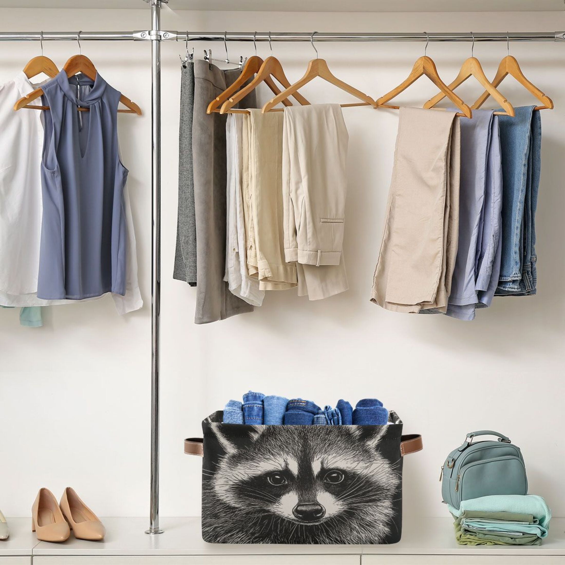 An Adorable Raccoon Foldable Storage Basket,Canvas Fabric Foldable Storage Bins with Handles Open Home Storage Bins Boxes for Toy Book Shelf Closet Baskets