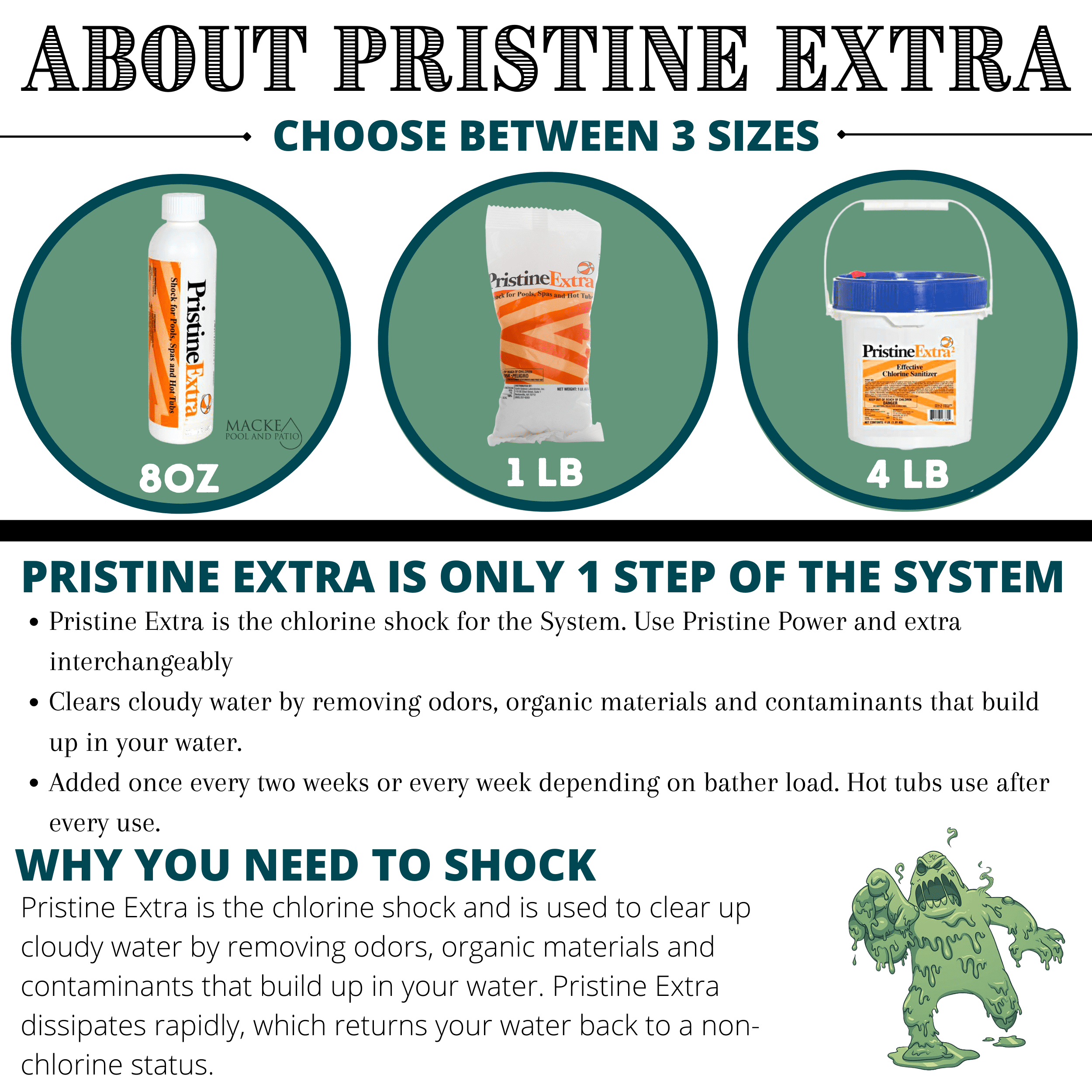 Pristine Extra Chlorine Shock 4 lb container with Macke Pool Product Guide