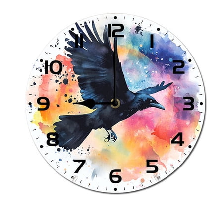 ZXCXRQFa Clock Watercolor Black Bird Wall Clock Vintage Battery Operated Silent Non Ticking Round Wooden Wall Clocks Decorative for Kitchen Living Room Bedroom Office Garden Outdoor 10 Inch