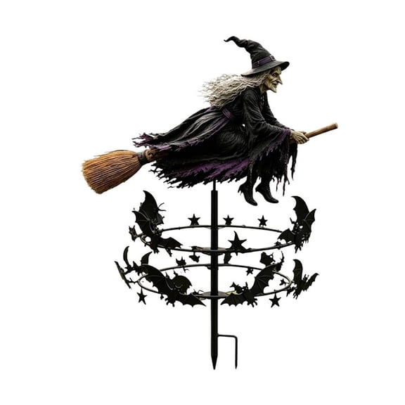 Metal Flying Witch Halloween Decorations Outdoor, Dynamic Wind Spinner Solar Lights Outdoor Effect, Halloween Lights for Garden Patio Fall Display