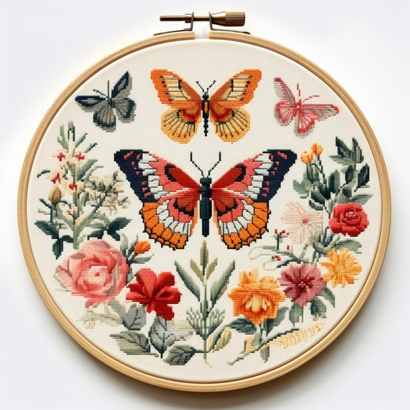 Moths and Flowers Stamped Cross Stitch Kits for Beginners Easy with Hoop 11CT Needlepoint Embroidery DIY Counted Cross Stitch Kits Art Craft Wall Decoration 35x35cm(3)