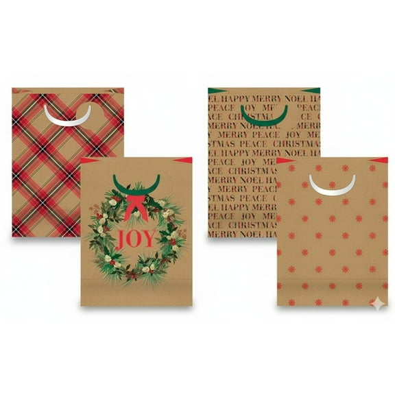 4-Pack Assorted Holiday Print Heavy Duty Kraft Gift Bag Kit with Satin Handles