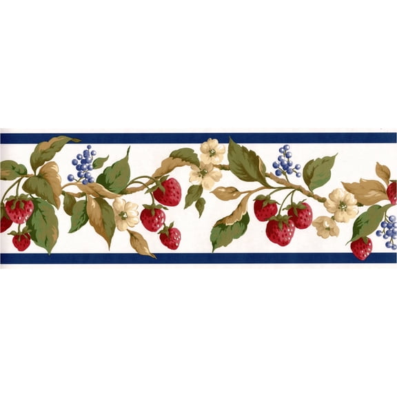 TRIMZ, Fruits and Floral, Wallpaper Border, Pre-pasted, 15 ft L x 6 in W, Blue, White, Red, Green