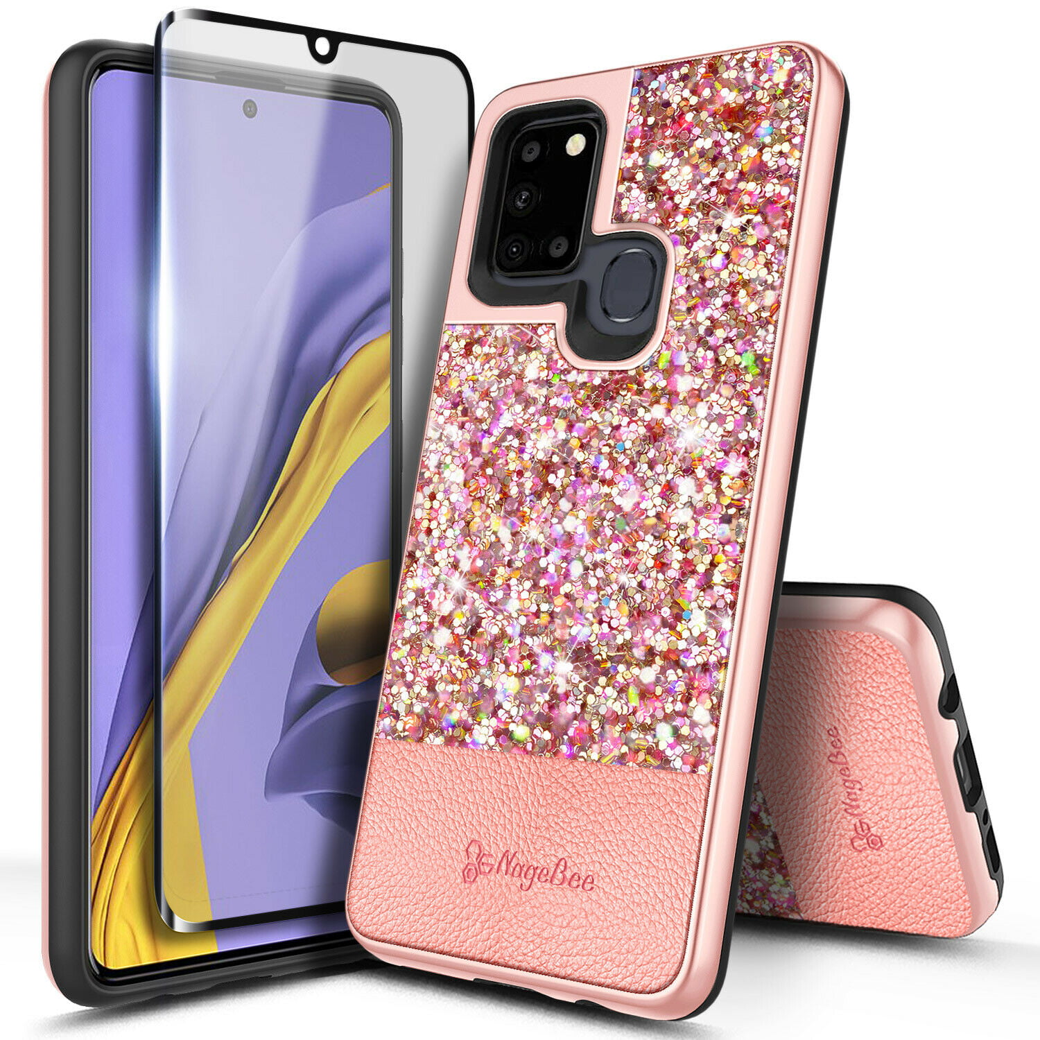 For Samsung Galaxy A21S Case With Tempered Glass Screen Protector (Full Coverage), Glitter
