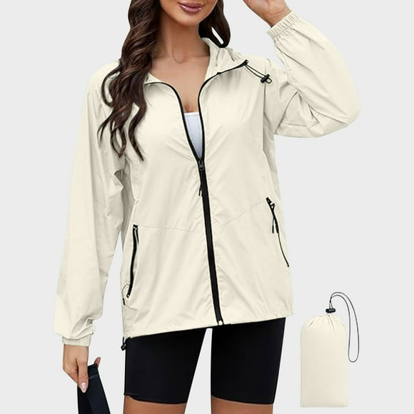 EGNMCR Womens Plaid Shacket Jacket Rain Jacket Women Lightweight Zip Up Outerwear Long Sleeved Jackets With Hood Packable Raincoat Coats With Pockets And Storage Bag Women Coat
