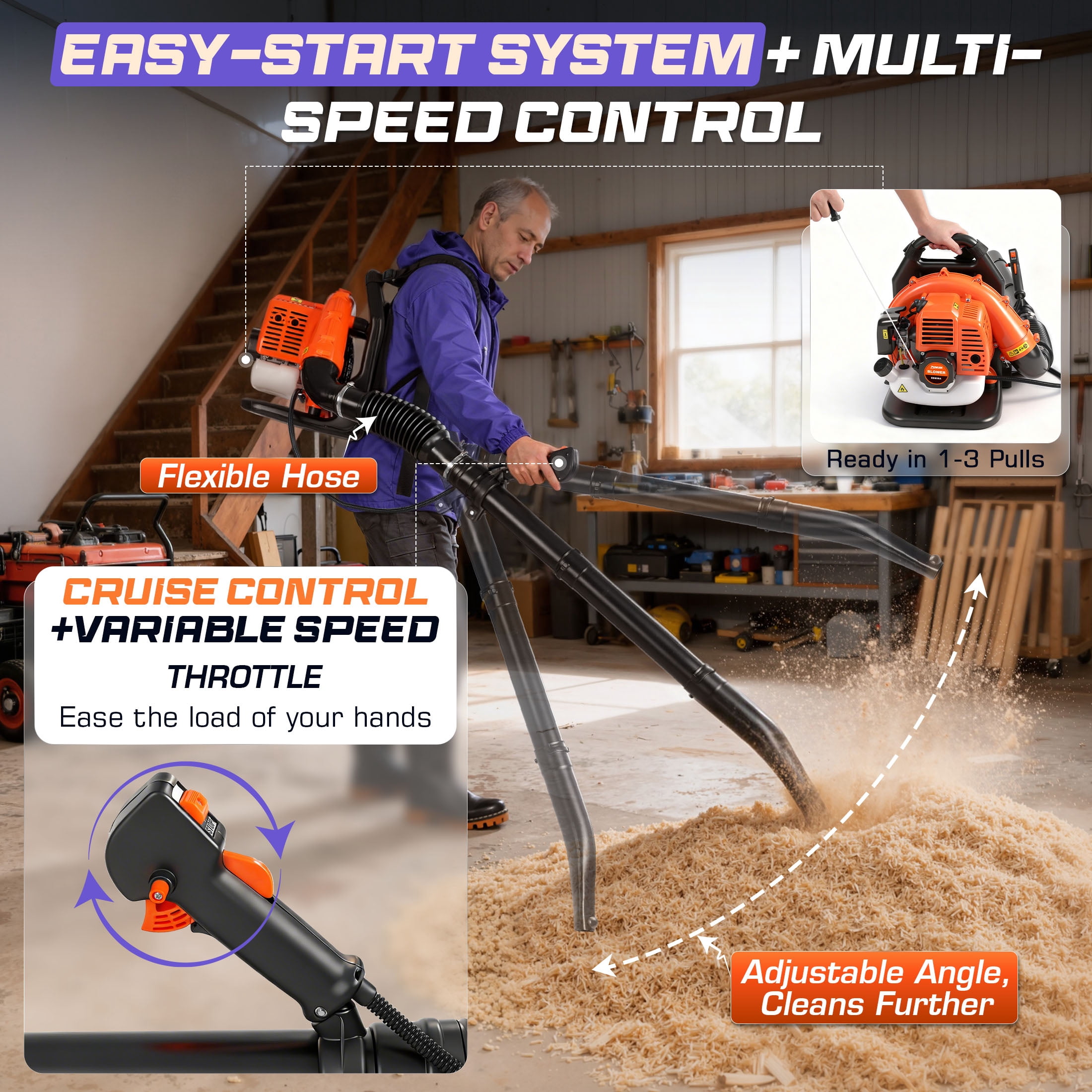 52cc 603 CFM 224 MPH Lightweight Backpack Leaf Blower Gas Powered, 2-Cycle Gasoline Blower with Cruise Control, Professional Backpack Blowers for Lawn Care, Large Yard Waste, Grass & Debris Cleaning