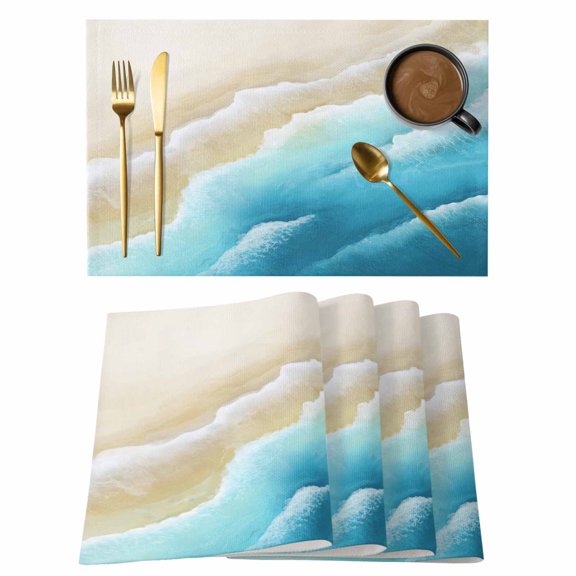 Blue Ombre Beach Placemats Set of 4, Ocean Coastal Gradient Waves Summer Placemats for Dining Table, Place Mats for Kitchen Tabletop, Waterproof Wipeable Dining Table Mats Set