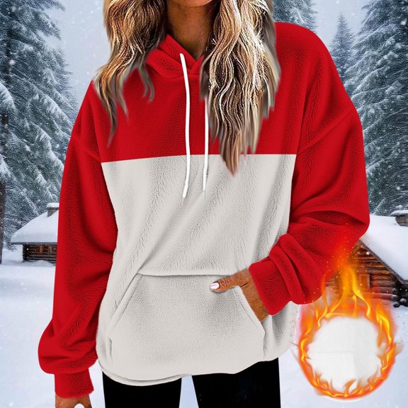 Women's Color Block Brushed Fleece Hoodie, Drawstring Hood Pullover, Soft Plush Sweatshirt, Casual Loungewear Top, Winter Comfort Wear, Cozy Pocket Hoodie Beige L