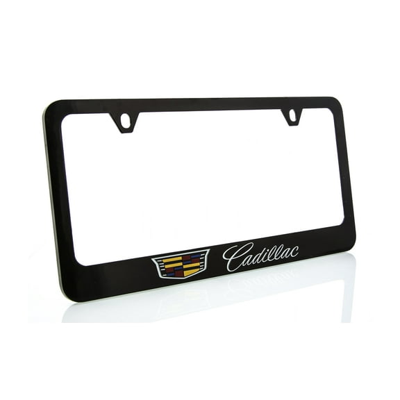 Cadillac with Crest Zinc License Plate Frame with Glossy Black Finish (2 hole)