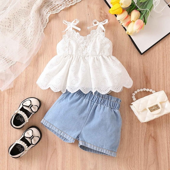 HAOTAGS Girl's Solid Color Lace Top with Elastic Jeans Two-Piece Set Casual Summer Outfits for Kids White Size 18M