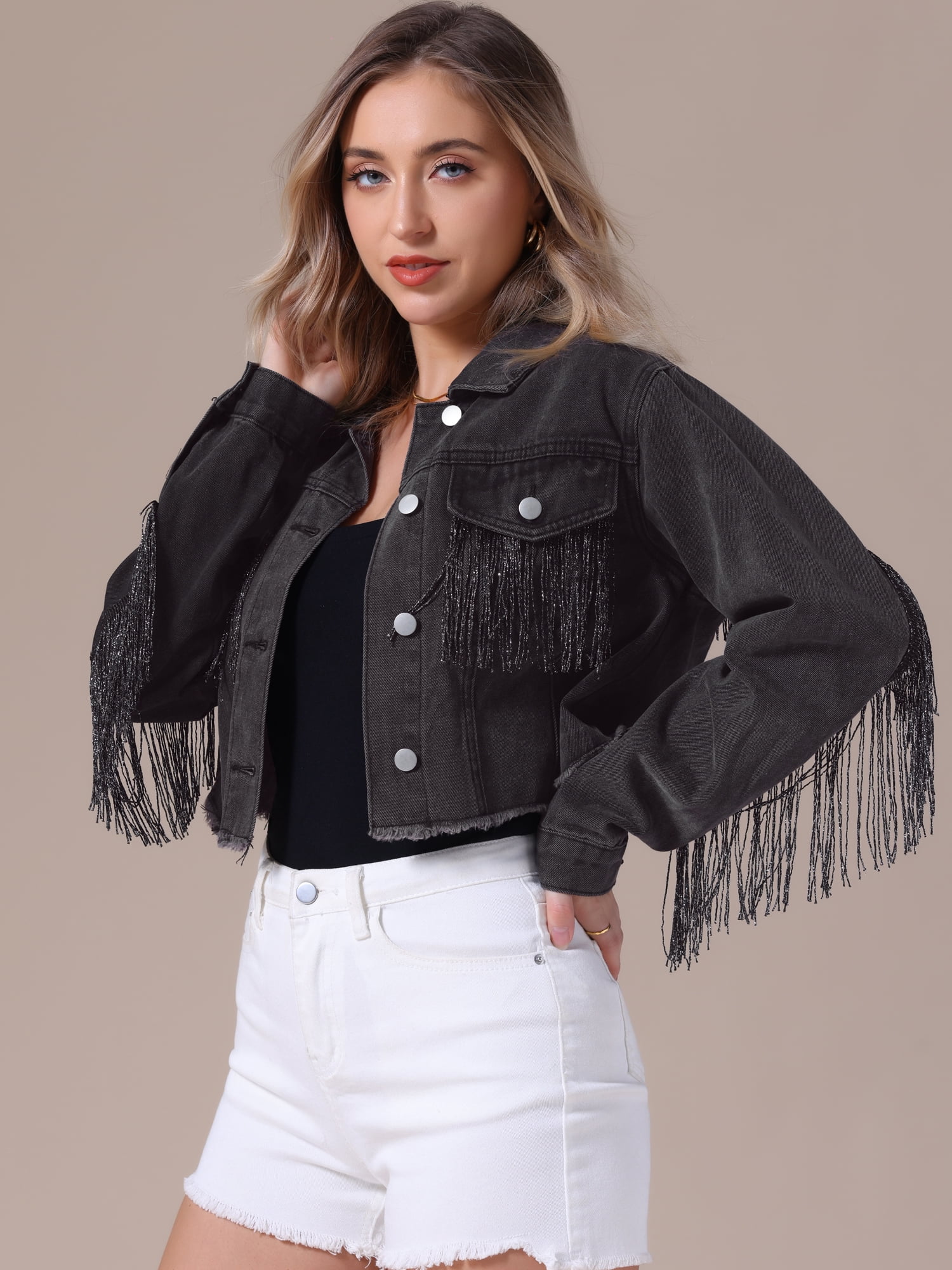 DARING DIVA Women's Cropped Jean Long Sleeve Frayed Tassel Fringe Denim Jacket L Black