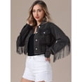 thumbnail image 2 of Unique Bargains Women's Cropped Frayed Hem Tassel Fringe Denim Jacket L Black, 2 of 7