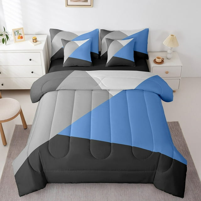 YST Geometric King Comforter Set With Sheets 7 Piece Boys Blue Dark Grey And Light Gray Triangle Bedding Set Patchwork Geometry Bed In A Bag,Modern Abstract Bedding Comforter Sets