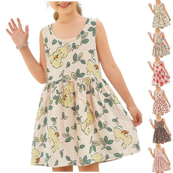 PIWHJQK Girls Casual Dresses Girls Ditsy Floral Print Sleeveless Round Neck Dress Tank Style With Smalls For Vintage Summer Dress Sundress