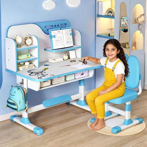 YNCE Kids Desk and Chair Set, Height Adjustable Kids Study Table and Chair Set, Children School Desk with Storage Drawer and Book Stand, Ergonomic Child Toddler Deskwith Sitting Posture Corrector