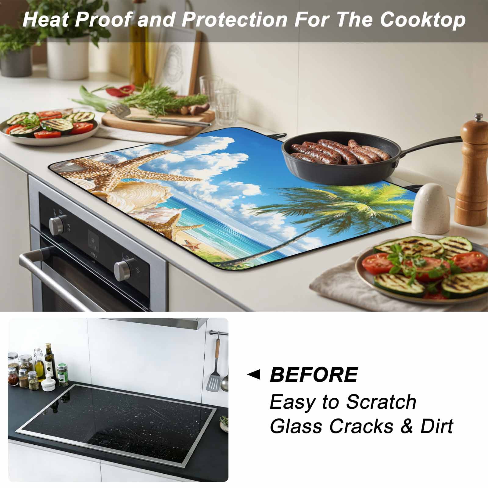 Beach Blue Stove Top Cover for Electric Stove, Heat-proof & Non Slip Glass Top Stove Cover Protector, Starfish Palm Tree Shell Sandy Beach Kitchen Flat Cooktop Rubber Mat 24x21 Inches