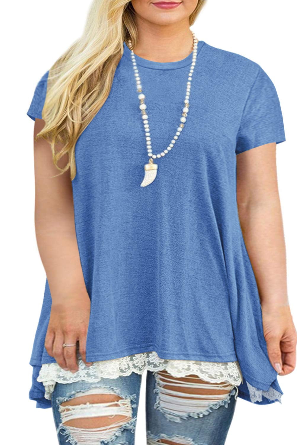 Womens Plus Size Short Sleeve Flowy ALine Tunic Tops Lace Trim Summer