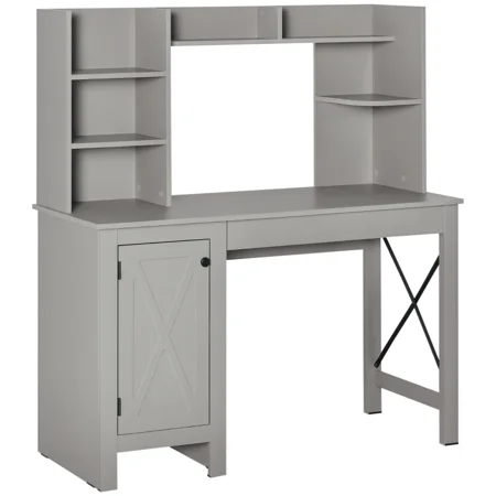 Computer Desk with Hutch and Storage Cabinet, Home Office Writing Desk with 8 Shelves and Drawer, Light Grey