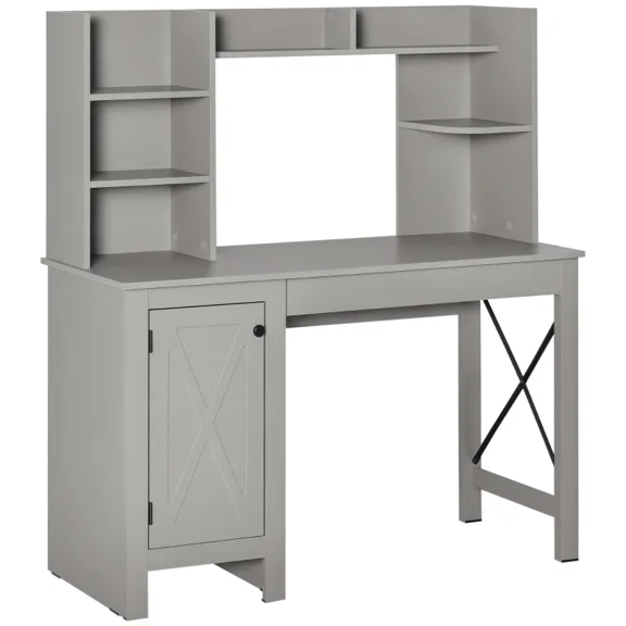 Computer Desk with Hutch and Storage Cabinet, Home Office Writing Desk with 8 Shelves and Drawer, Light Grey