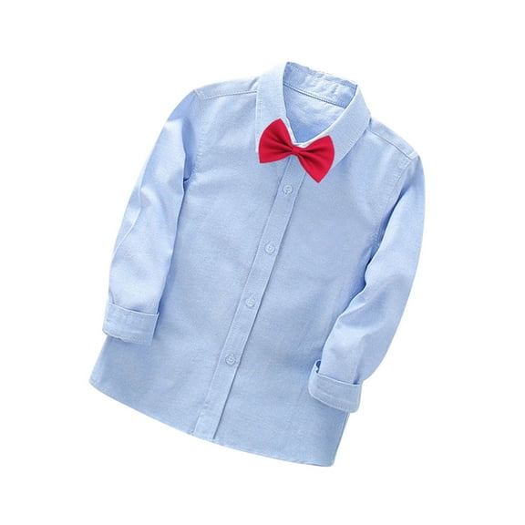 Zwiiyzr 2024 2-14Y Toddler Boys Trendy Long Sleeve Blouse Solid Color Gentleman's School Uniform Shirt with Bow Tie Blue-3 Years