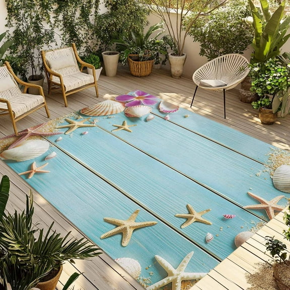 Fsddascl Ocean Coastal Outdoor Rug for Patio/Deck/Porch, Non-Slip Large Area Rug 5 x 8 Ft, Blue Wooden Grain Starfish Seashells Floral Indoor Outdoor Rugs Washable Area Rugs, Camping Rug Carpet