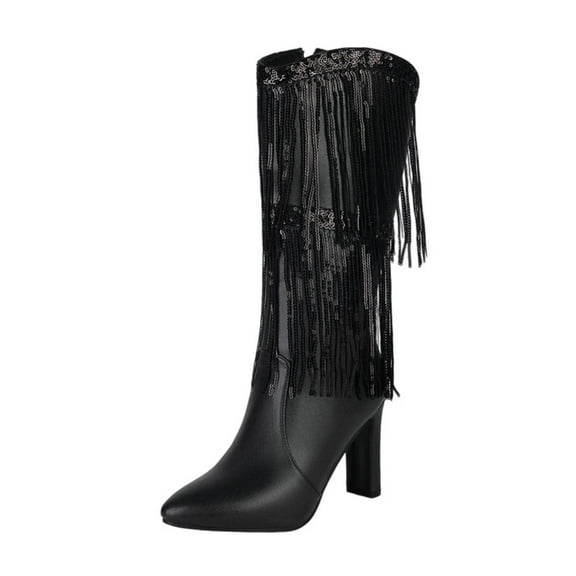 Xfvqtps Womens Fashion Winter Knee High Boots with Tassel Chunky Heel Side Zipper Pointed Toe Mid Calf Boots for Casual Outdoor Dress Black