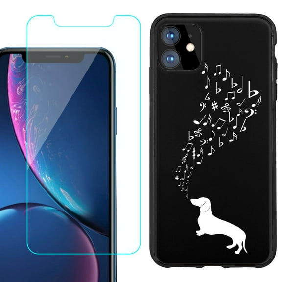 For Apple iPhone 11 Phone Case , Slim-Fit TPU Protective Case (Black), with Tempered Glass Screen Protector, by OneToughShield ® - Dachshund/Puppy Music