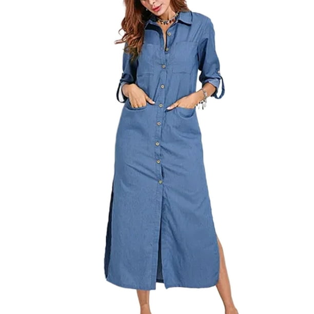 LUXUR Women Jean Dresses Lapel Denim Shirt Dress Long Sleeve Loose Button  Down Light Blue M