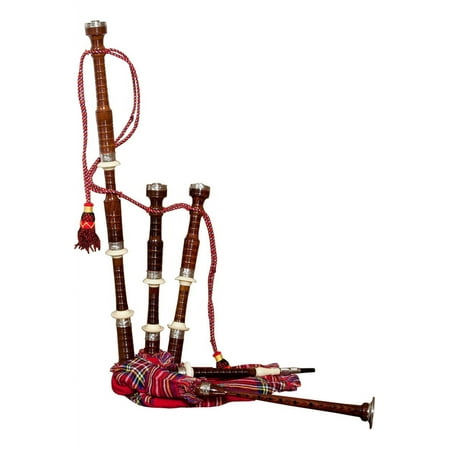Roosebeck Full Size Sheesham Bagpipe Engraved Nickel Plated with Red Tartan Cover
