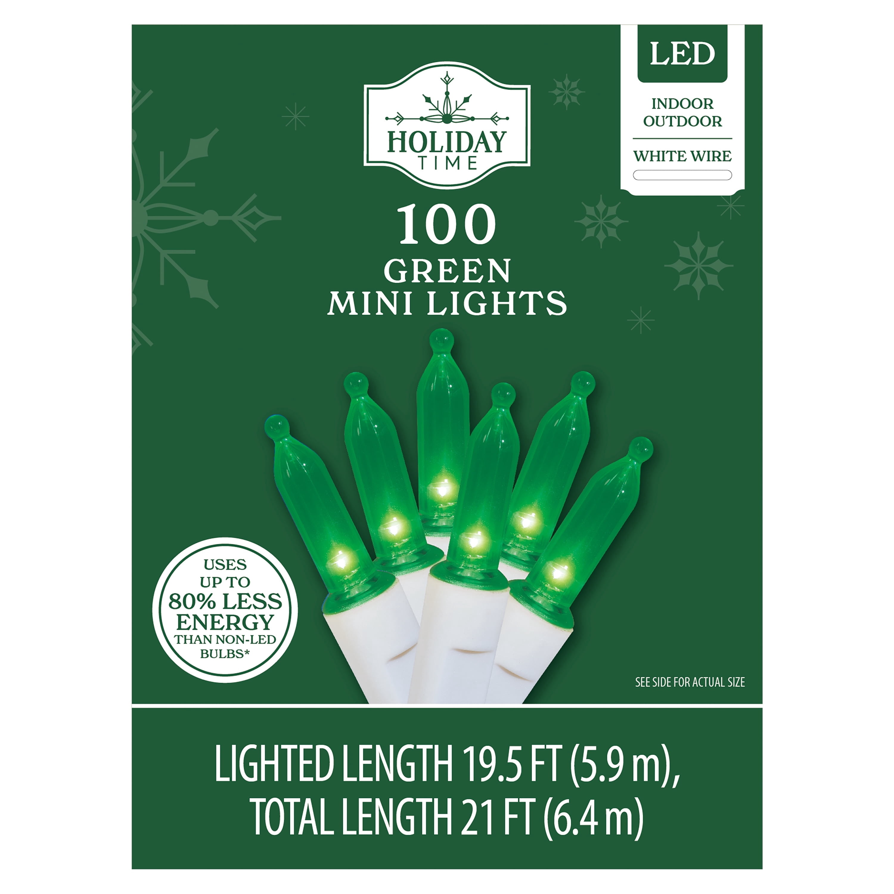 Indoor/Outdoor 100-Count LED Mini Christmas String Lights, Green, White Wire, 19.5', by Holiday Time