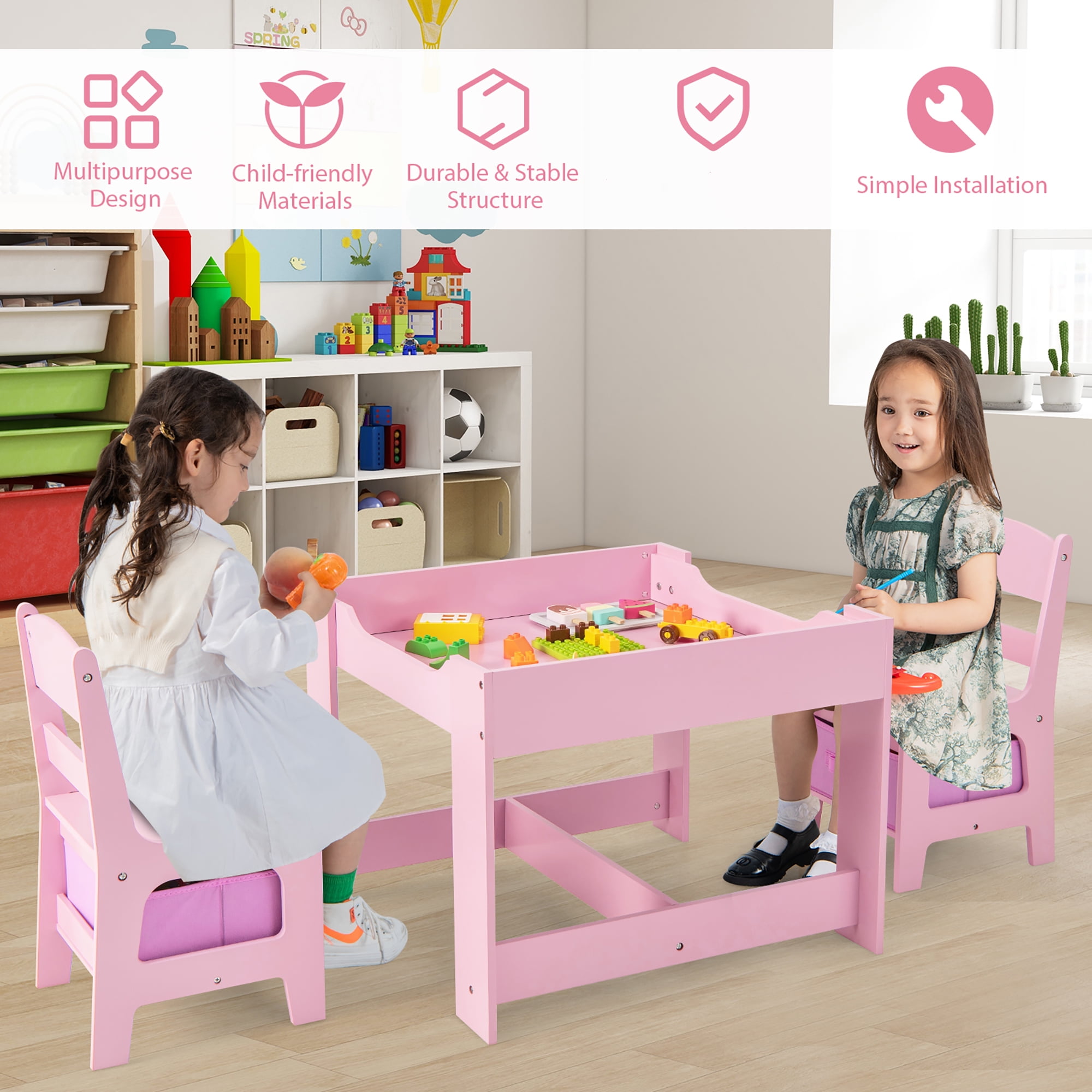 Gymax 3 in 1 Kids Wood Table Chairs Set w/ Storage Box Blackboard Drawing Pink