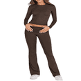 thumbnail image 2 of LYMAYTER Casual Two Piece for Women's Long Sleeve Crew Neck T-shirt High Waist Foldover Flare Pants Sets, 2 of 9
