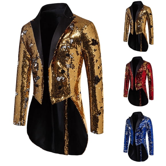 Blekii Men's Sequin Blazer Jacket, Party Tuxedo Style Jacket, Glitter Evening Wear Coat, Festive Holiday Celebration Top, Stage Performance Outfit, Eye-Catching Jacket for Special Nights, Blue L