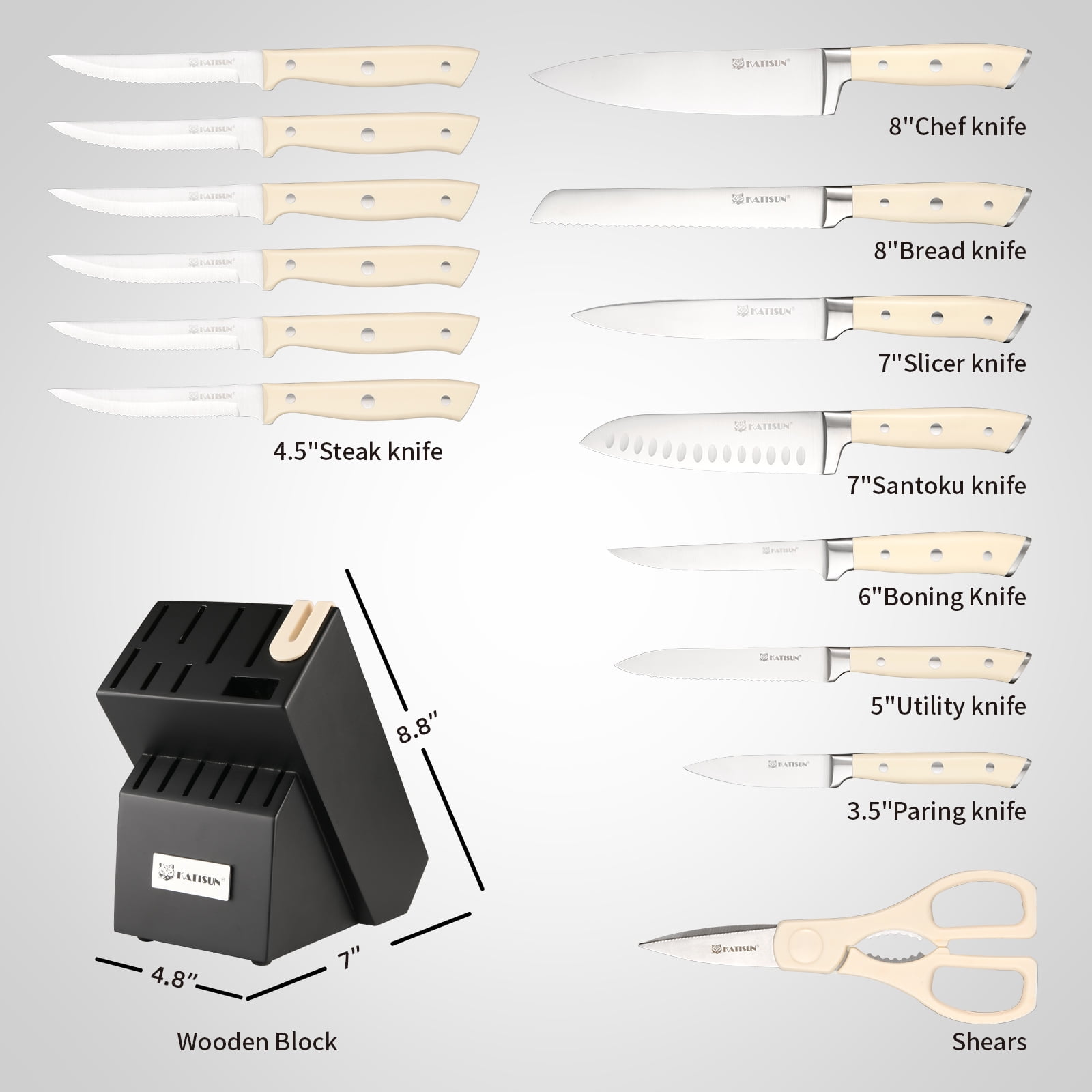16 Piece High Carbon Steel Knife Set With Block, ABS Ergonomic Handle Chef Knives, Sharpener and Shears for Chopping