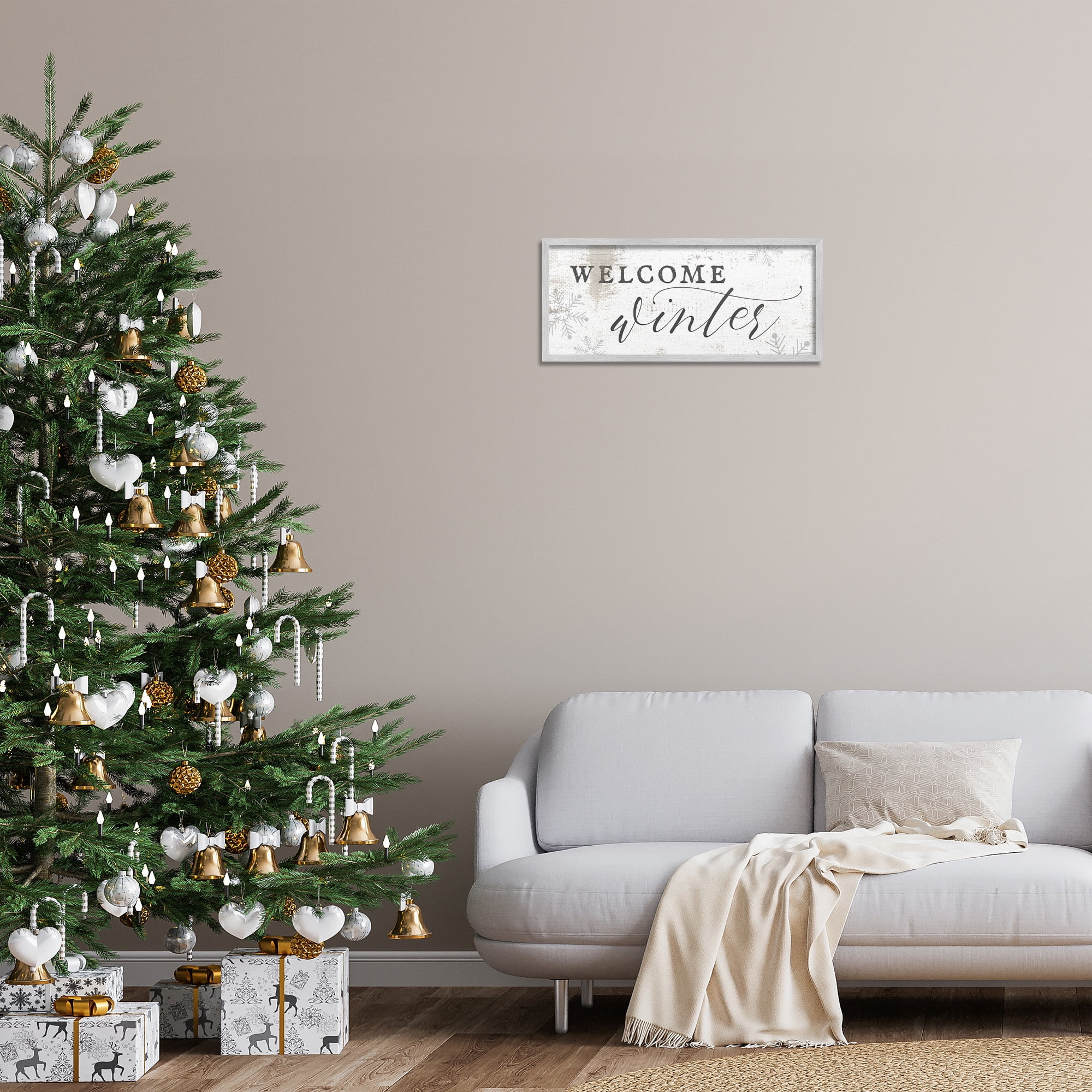 Stupell Industries Welcome Winter Snowflake Pattern Holiday Painting Gray Framed Art Print Wall Art, 24 x 10