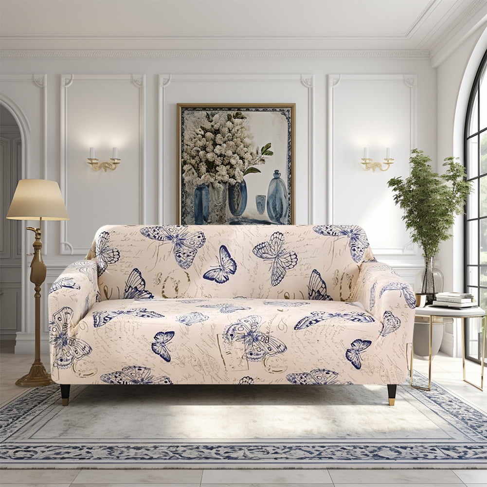 NEWEEN Sofa Cover High Stretch Elastic Fabric 1 2 3 Seater Sofa Slipcover Chair Loveseat Couch Cover Polyester Spandex Furniture Protector Cover with 1 Pillowcase (3 Seater, Pattern #Butterfly)