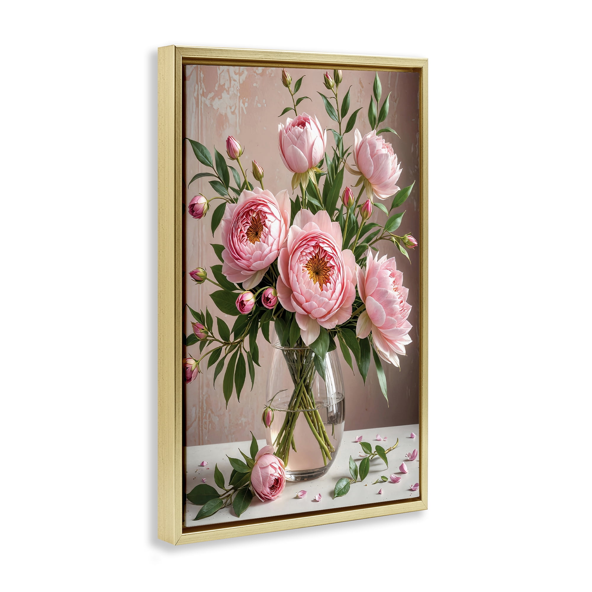 Stupell Industries Elegant Peonies in Vase Plants & Flowers Painting Gold Floater Framed Canvas Art Print Wall Art, 17 x 25