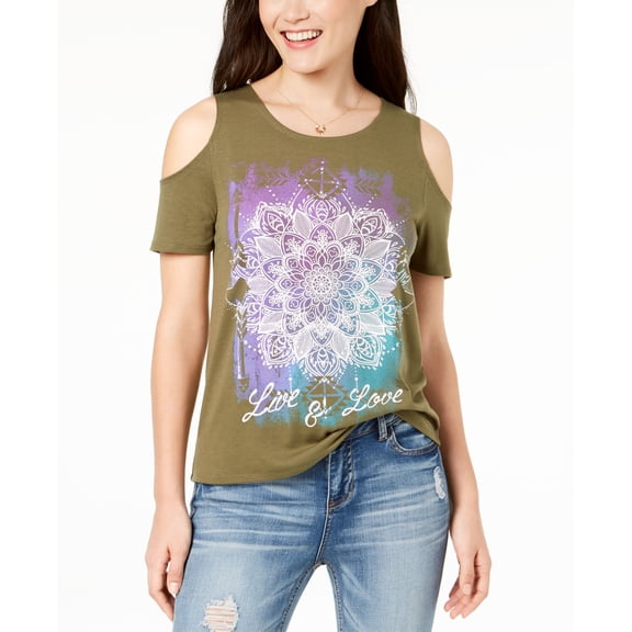 Rebellious One Juniors Live Love Cold Shoulder Graphic T-Shirt Olive M